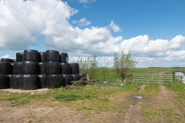 Polderlandschap met ingepakte rollen hooi tegen een bewolkte lucht in de omgeving van De Donk, Brandwijk