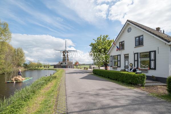 Woonboerderij aan het Oosteinde in Oud-Alblas met korenmolen De Hoop op de achtergrond