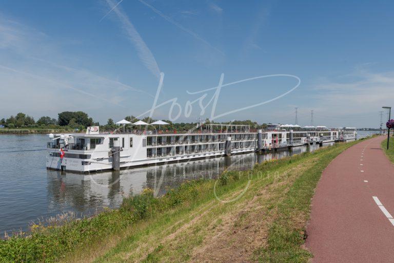 Cruiseschepen afgemeerd aan steiger bij molens Kinderdijk D8101840