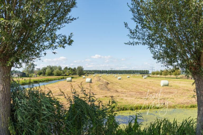 Doorkijkje naar weiland met hooibalen