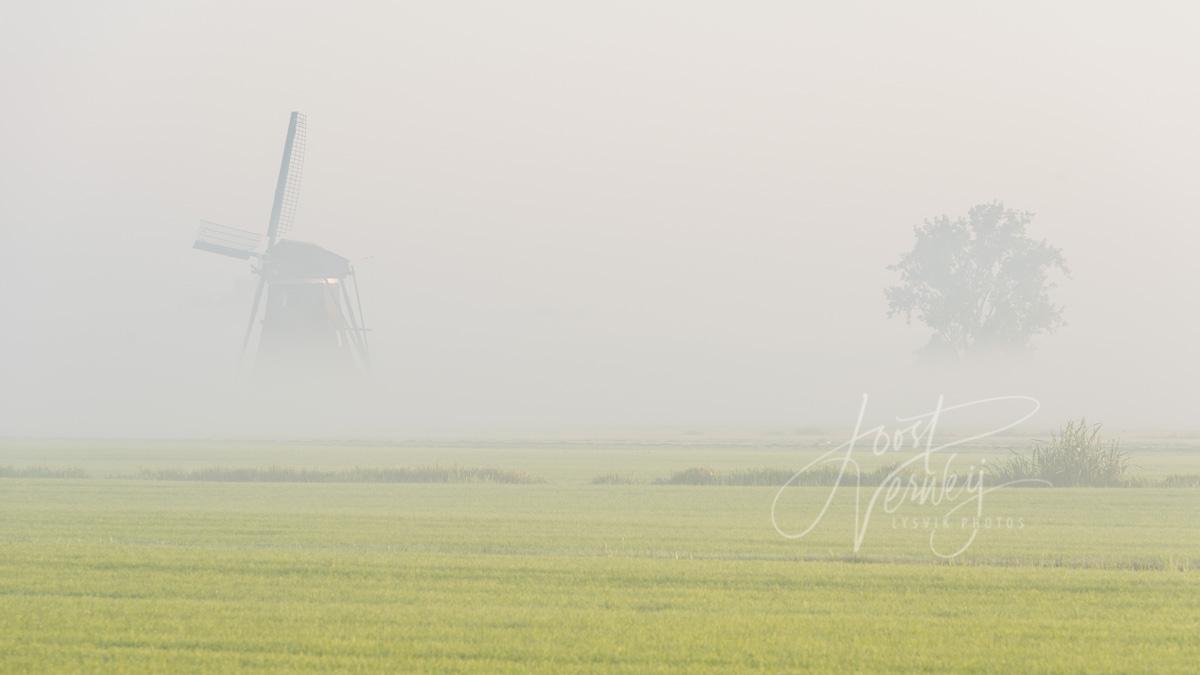 Achtkante molen in mistig polderlandschap