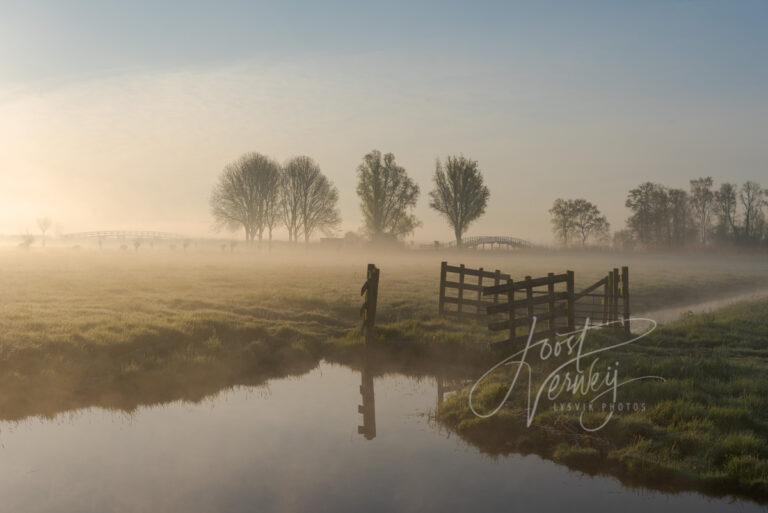 Zonsopkomst in mistig polderlandschap