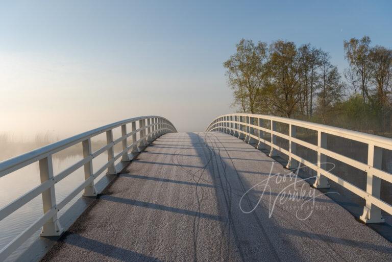 Brug met rijp in mistig landschap