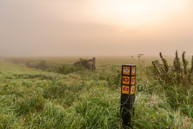 Routeaanduiding wandelnetwerk in mistig polderlandschap