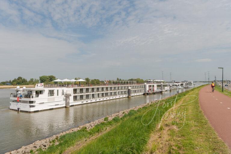 Cruiseschip afgemeerd aan steiger bij molens Kinderdijk D81012993